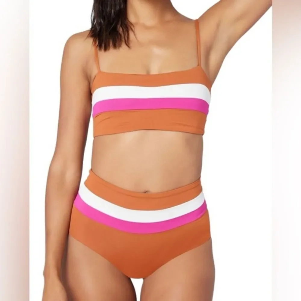 L*Space Rebel Stripe Bikini Top Portia Stripe Bottom Sz S Pink Brown White NWOT